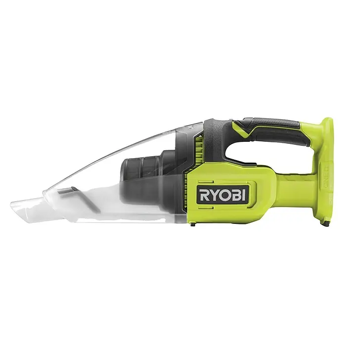 Ryobi ONE+ Akku-Handstaubsauger RHV18-0 - 18 V, Ohne Akku, Behältervolumen: 0,6 l - Eine Nahaufnahme eines Ryobi ONE+ Akku-Handsaugers in Grün und Schwarz, der sich ideal für schnelle Reinigungsarbeiten eignet.