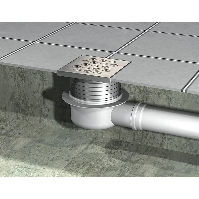 ACO Designrost Raindrops - 102,5 mm x 102,5 mm, Edelstahl - Quadratischer Duschablauf aus Edelstahl mit Siphon und Rohrleitungen für moderne Badezimmer.