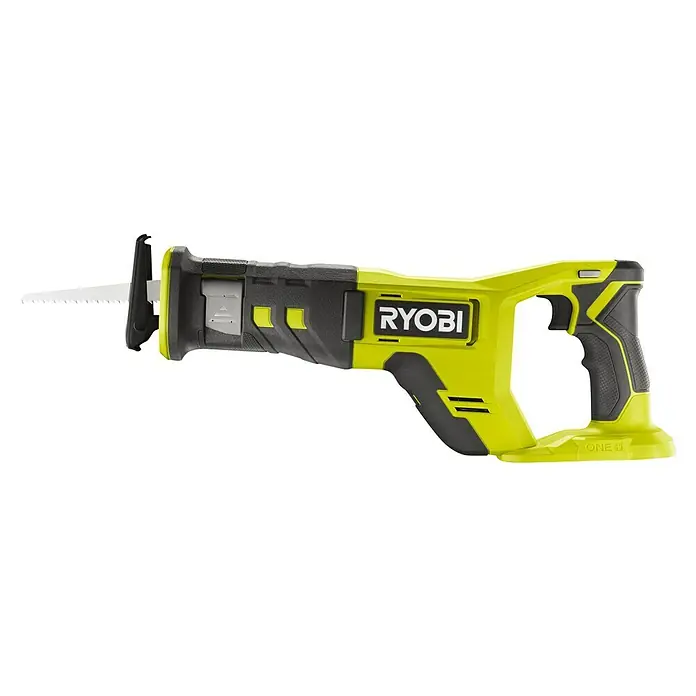 Ryobi ONE+ Akku-Säbelsäge RRS18-0 - 18 V - Abgebildete ist eine Ryobi Akku-Säbelsäge, ein Elektrowerkzeug zum Schneiden verschiedener Materialien. Sie ist kabellos, was die Verwendung sehr komfortabel macht.