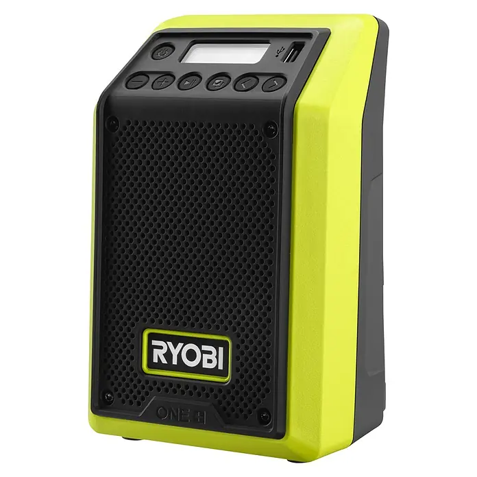 Ryobi ONE+ Maschinenpaket - Akku-Bluetooth-Radio RRDAB18-0 + gratis Starter-Kit - Abbildung eines tragbaren Ryobi ONE+ Radios.
