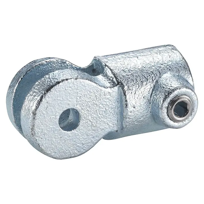 Mottez Rohrverbinder M072V27 - Durchmesser: 27 mm, Feuerverzinkt - Ein verzinktes Rohrverbindungsstück mit Löchern und Schrauben, ideal für den Bau stabiler Rohrkonstruktionen.