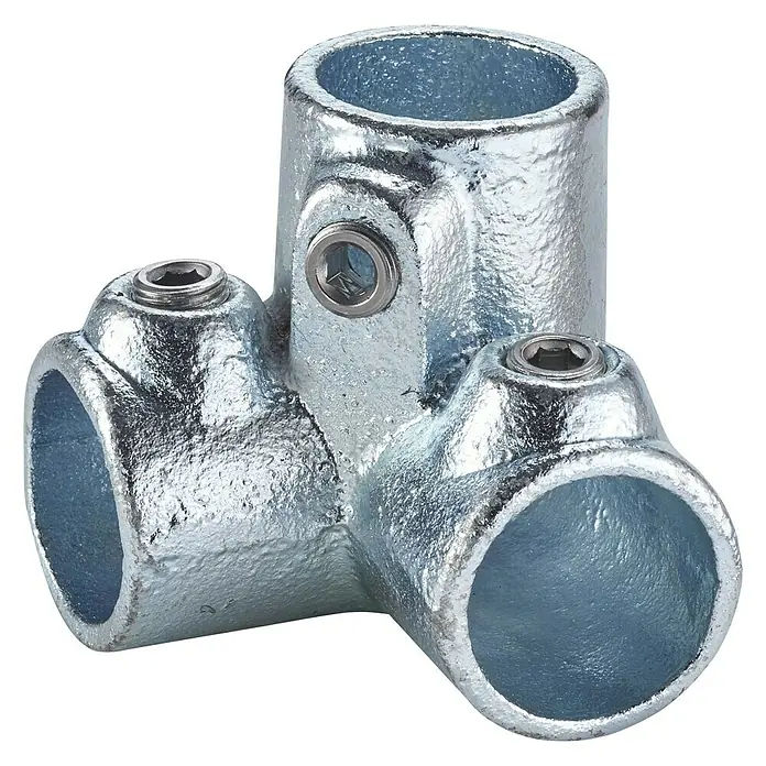 Mottez Rohrverbinder M066V42 - Durchmesser: 42 mm, Feuerverzinkt - Ein verzinktes T-Stück für Rohre, ideal für robuste Konstruktionen und Geländer. Die Schrauben sorgen für festen Halt.