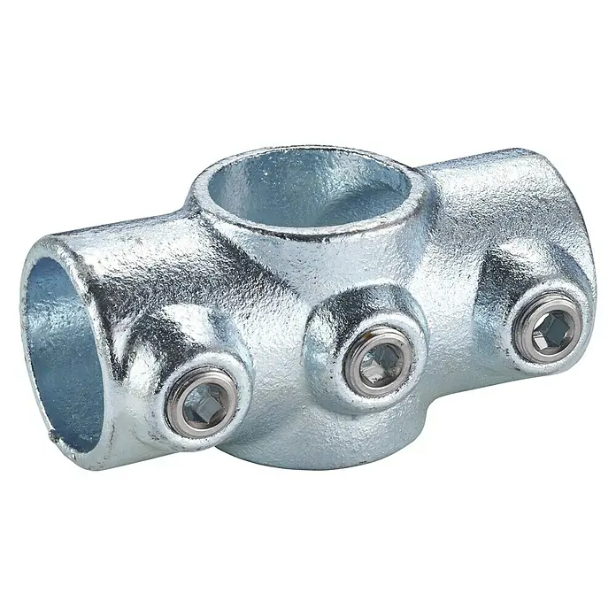 Mottez Rohrverbinder M064V42 - Durchmesser: 42 mm, Feuerverzinkt - Bild einer silbernen Rohrschelle mit drei Schraubenlöchern. Die Schelle ist für die Verbindung von Rohren vorgesehen und robust.