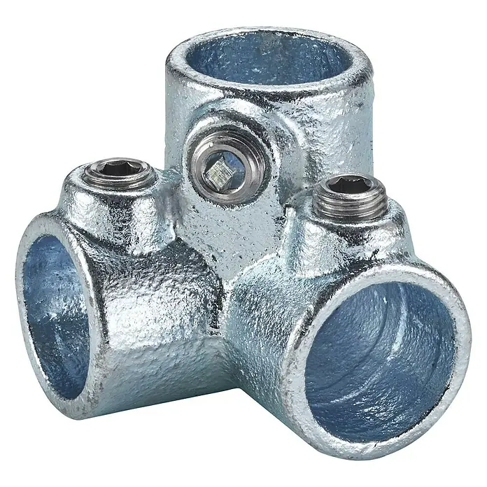 Mottez Rohrverbinder M066V27 - Durchmesser: 27 mm, Feuerverzinkt - Ein T-förmiges Rohrverbindungsstück aus verzinktem Stahl mit drei Öffnungen und Schrauben zur Befestigung der Rohre.