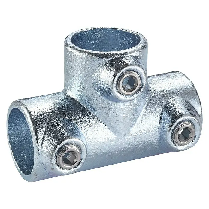 Mottez Rohrverbinder M063V42 - Durchmesser: 42 mm, Feuerverzinkt - Ein T-Stück-Rohrverbinder aus verzinktem Stahl mit drei Innensechskantschrauben. Ideal für den Bau von robusten Rohrkonstruktionen.