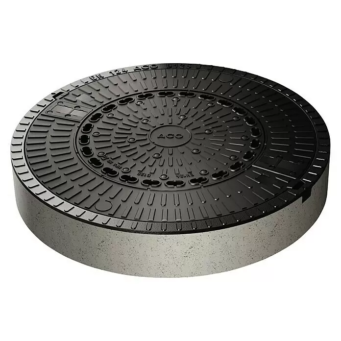 ACO Schachtdeckel SAKU - Durchmesser: 785 mm, Mit Lüftungsöffnung - Runde dunkelgraue ACO Gusseisen-Kanalabdeckung, Standard EN 124 B125, mit strukturierter Oberfläche und Betonbasis.
