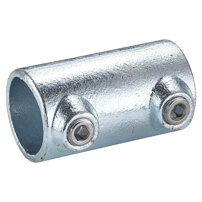 Mottez Rohrverbinder M068V42 - Durchmesser: 42 mm, Feuerverzinkt - Bild einer verzinkten Rohrmuffe mit zwei Schrauben zur Verbindung von Rohren.