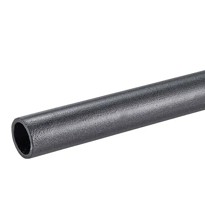 Mottez Rundrohr M027VNO - Pulverbeschichtet, Stahl, Schwarz, Ø x L: 27 x 2.000 mm - Nahaufnahme eines grauen, leeren Metallrohrs mit strukturierter Oberfläche. Ideal für Bau- oder DIY-Projekte.