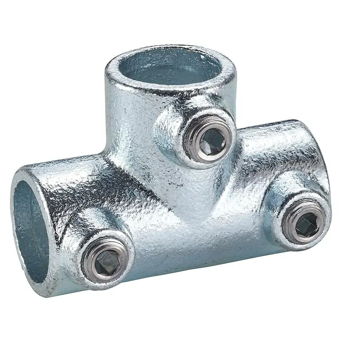 Mottez Rohrverbinder M063V27 - Durchmesser: 27 mm, Feuerverzinkt - Ein T-Stück Verbinder aus verzinktem Stahl, ideal für Rohrkonstruktionen. Solide Bauweise mit Innensechskantschrauben.