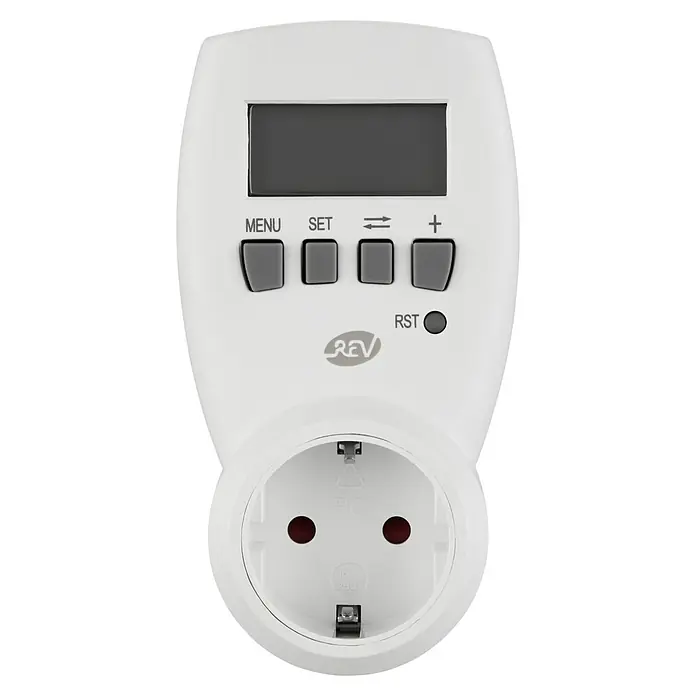 Medidor de costes energéticos - 3.680 W - Un temporizador digital de enchufe blanco con pantalla, botones de control y el logotipo de REV para la gestión de dispositivos controlada por tiempo.