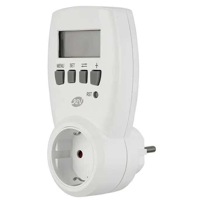 Medidor de costes energéticos - 3.680 W - Temporizador REV blanco con pantalla, botones y enchufe para el control automático de dispositivos eléctricos.