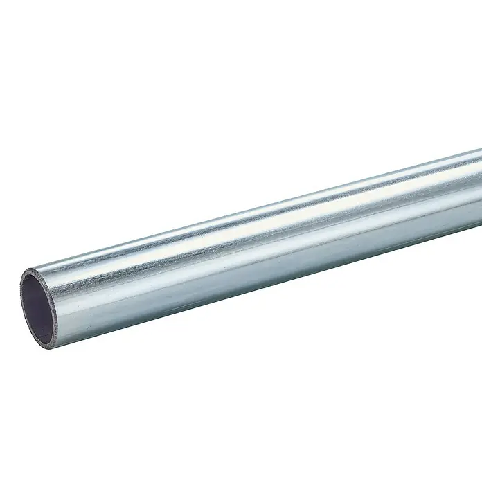 Mottez Rundrohr M027VZI - Feuerverzinkt, Stahl, Silber, Ø x L: 27 x 2.000 mm - Nahaufnahme eines glänzenden, silbernen Metallrohrs, das auf einem neutralen Hintergrund liegt.