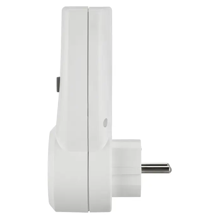 Medidor de costes energéticos - 3.680 W - Vista lateral de un enchufe inteligente blanco con un pin redondo, compatible con enchufes eléctricos europeos.