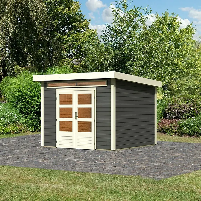 Karibu Gartenhaus Kandern 6 - Außenmaß inkl. Dachüberstand (B x T): 305 x 303 cm, Holz, Terragrau - Abbildung eines modernen Gartenhauses mit Doppeltür und Flachdach. Es bietet Stauraum und ist ein Blickfang im Garten.