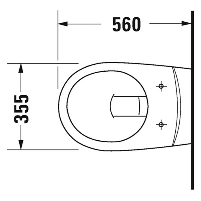 Duravit D-Code Wand-WC Basic - Mit Spülrand, Ohne Spezialglasur, Spülform: Tief, WC Abgang: Waagerecht, Weiß - Draufsicht auf eine Toilette mit den Maßen 560 x 355 mm. Ideal für Badplanung und Sanitärinstallation.