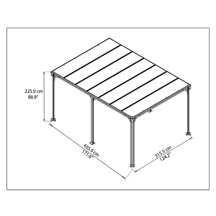 Palram – Canopia Pérgola estándar Milano - An x Pr: 435,9 x 315,5 cm, Color del armazón: Antracita, Aluminio - Dibujo técnico de un cenador con dimensiones de altura, longitud y anchura en centímetros y pulgadas.