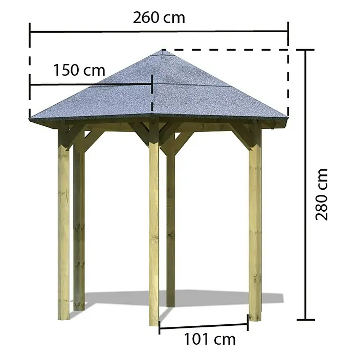 Karibu Pavillon Lissabon - Durchmesser: 299 cm, Schiefergrau, Natur - Abbildung eines Gartenpavillons mit Maßangaben für Höhe, Dachbreite und Standfläche in Zentimetern.