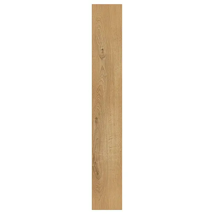 LOGOCLIC Laminatmuster Family Dolo - 296 x 195 x 1 mm, Landhausdiele - Detailaufnahme einer einzelnen, länglichen Holzdiele mit einer hellbraunen Farbe und einer ausgeprägten Maserung.