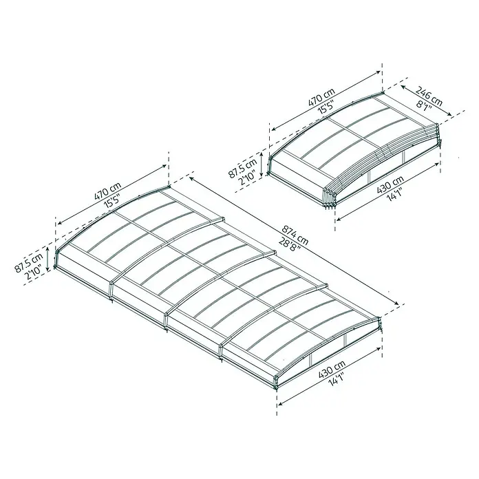Palram – Canopia Cubierta para piscina Majorca - Específico para: Piscina, L x An: 800 x 400 cm, Aluminio - Una vista en perspectiva de un cerramiento de piscina, que muestra las medidas en centímetros y pies.