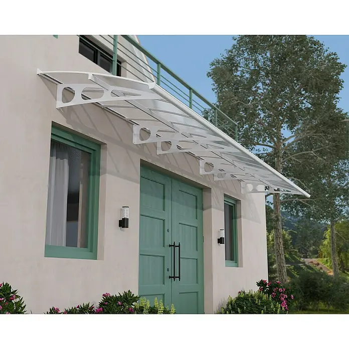 Palram – Canopia Marquesina para puerta Bordeaux doble capa - An x Pr: 670 x 140 cm - Esta imagen muestra un moderno toldo de policarbonato que proporciona protección contra la intemperie y mejora el diseño de la casa.