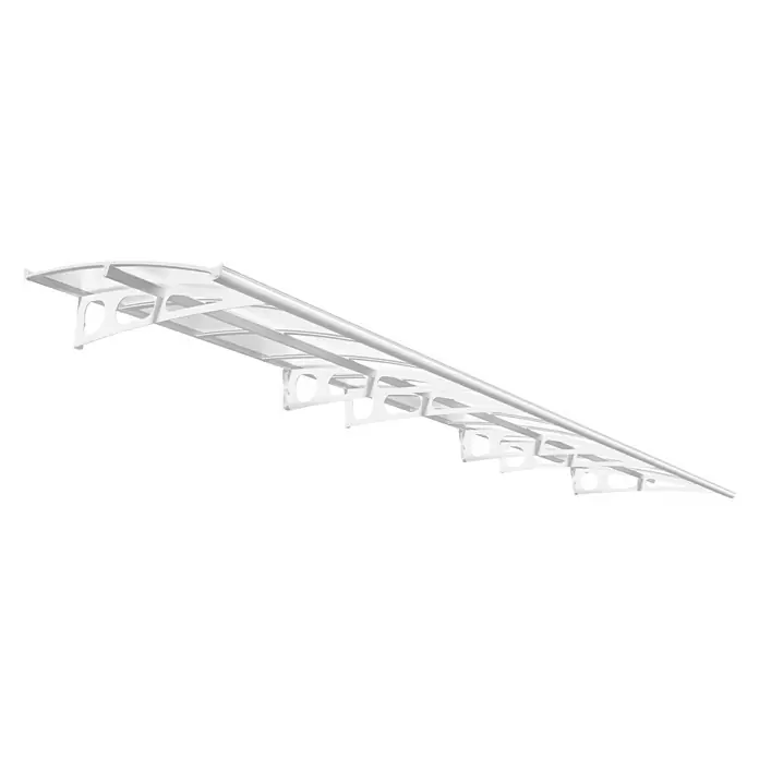 Palram – Canopia Marquesina para puerta Bordeaux doble capa - An x Pr: 670 x 140 cm - Esta imagen muestra una estructura de toldo blanca con múltiples puntales de soporte. El toldo ofrece refugio de los elementos.