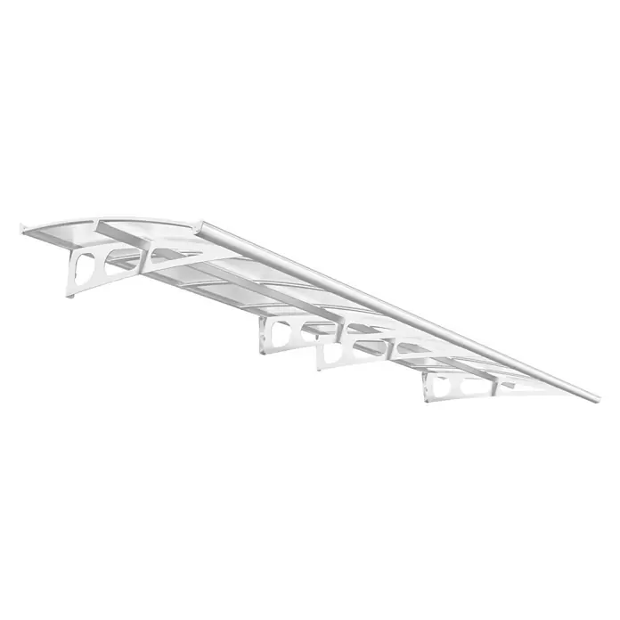 Palram – Canopia Marquesina para puerta Bordeaux doble capa - An x Pr: 447 x 140 cm - Una cubierta de patio translúcida blanca con soportes elegantes se muestra sobre un fondo negro. Perfecta para espacios exteriores.