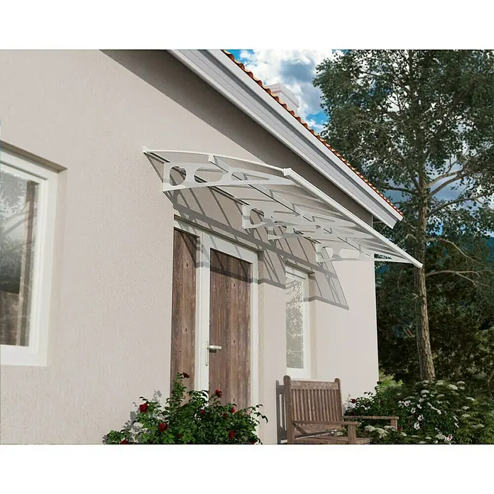 Palram – Canopia Marquesina para puerta Bordeaux doble capa - An x Pr: 447 x 140 cm - Marquesina moderna para puerta de entrada con techo de policarbonato transparente y diseño elegante. Protege de la lluvia y el sol.