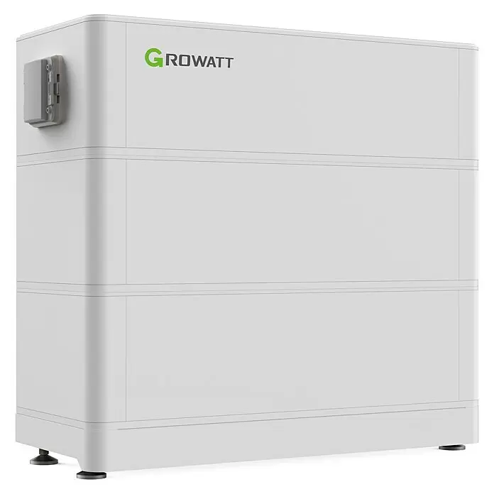 Growatt Batteriespeicher 0% MwSt. gem. § 12 Abs. 3 UStG - Leistungsaufnahme: 2,56 kW, Nennspannung: 51,2 V - Weißes GROWATT Energiespeicher-Batteriegerät mit Seitenmodul und verstellbaren Füßen.