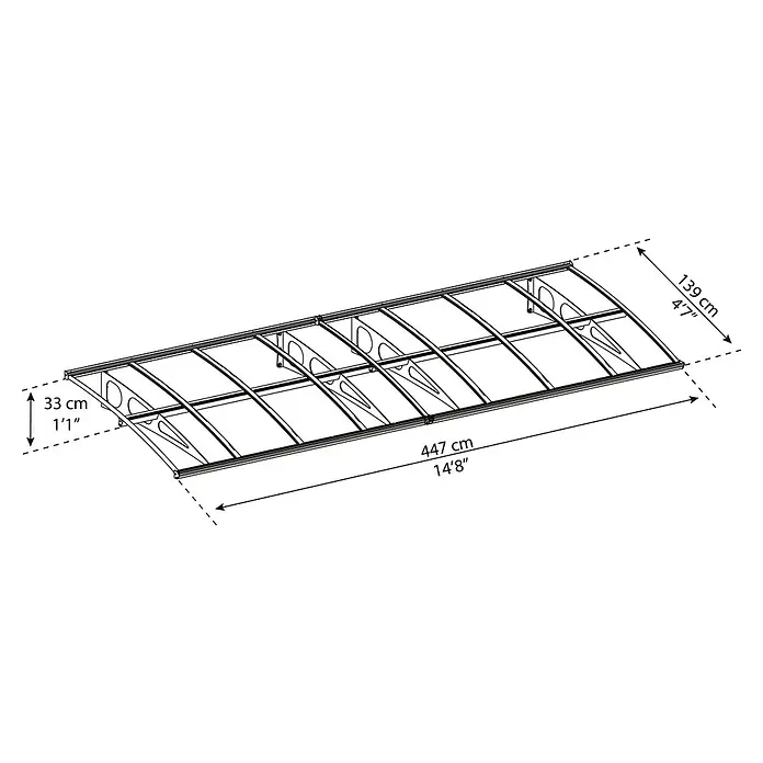 Palram – Canopia Marquesina para puerta Bordeaux doble capa - An x Pr: 447 x 140 cm - Imagen del producto de una cubierta de patio con dimensiones. El dosel es de metal y tiene una longitud de 447 cm.