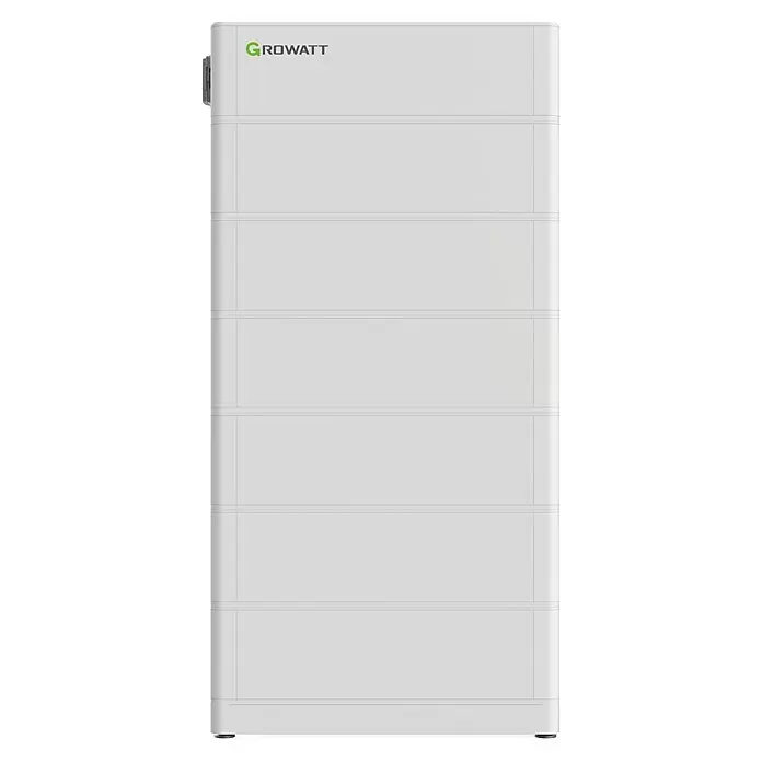 Growatt Batteriespeicher 0% MwSt. gem. § 12 Abs. 3 UStG - Leistungsaufnahme: 2,56 kW, Nennspannung: 51,2 V - Graue Growatt Batteriespeichereinheit, ein hohes rechteckiges Stromspeichersystem.