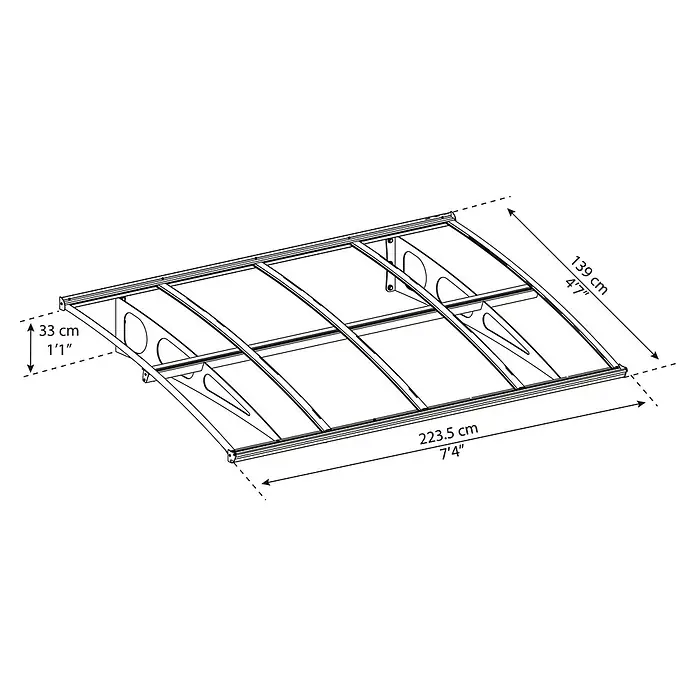 Palram – Canopia Marquesina para puerta Bordeaux doble capa - An x Pr: 223 x 140 cm - Ilustración de un toldo con dimensiones de 223,5 cm de longitud, 139 cm de ancho y 33 cm de altura, mostrado en un dibujo técnico.