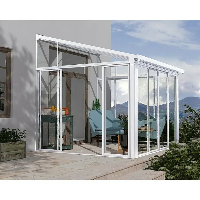 Palram – Canopia Wintergarten San Remo - B x T x H: 3,05 x 3 x 3,1 m, Verkehrsweiß - Ein modernes, weißes Glas-Gartenhaus bietet einen hellen und einladenden Raum im Freien, ideal zum Entspannen und Genießen der Natur.