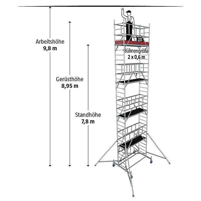 Krause ProTec XS Klappgerüst - Arbeitshöhe: 9,8 m, Belastbarkeit Plattform: 240 kg - Abbildung eines hohen Gerüsts mit verschiedenen Höhenangaben, einschließlich Arbeits-, Gerüst- und Standhöhe.