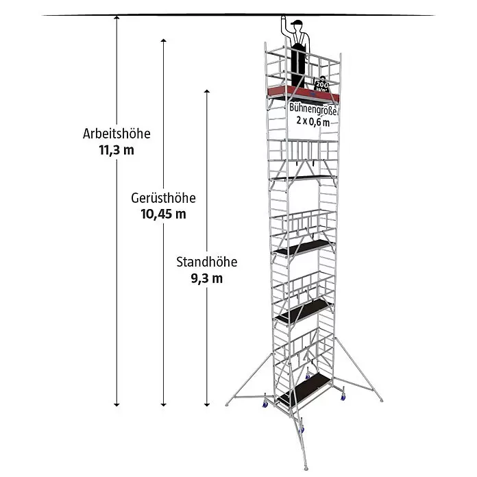 Krause ProTec RollgerüstArbeitshöhe: 11,3 m, Bühnengröße: 2 x 0,6 m, Belastbarkeit: 200 kg/m²