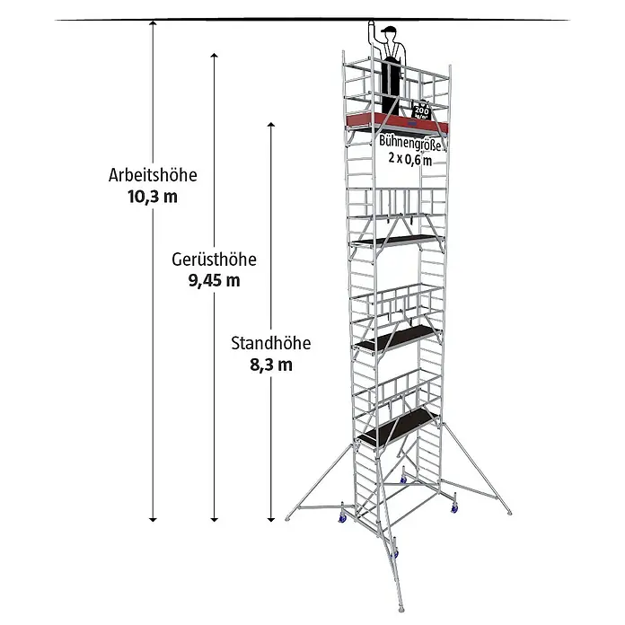 Krause ProTec Rollgerüst - Arbeitshöhe: 10,3 m, Belastbarkeit Plattform: 240 kg - Abbildung eines hohen, fahrbaren Gerüsts mit verschiedenen Höhenangaben.
