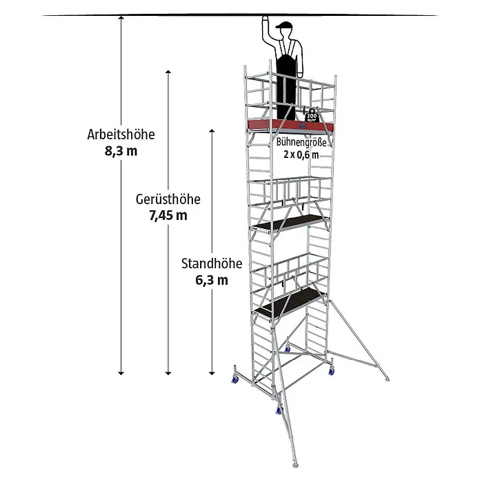 Krause ProTec Rollgerüst - Arbeitshöhe: 8,3 m, Belastbarkeit Plattform: 240 kg - Abbildung eines fahrbaren Gerüsts mit Größenangaben wie Arbeitshöhe (8,3 m) und Bühnengröße (2 x 0,6 m).