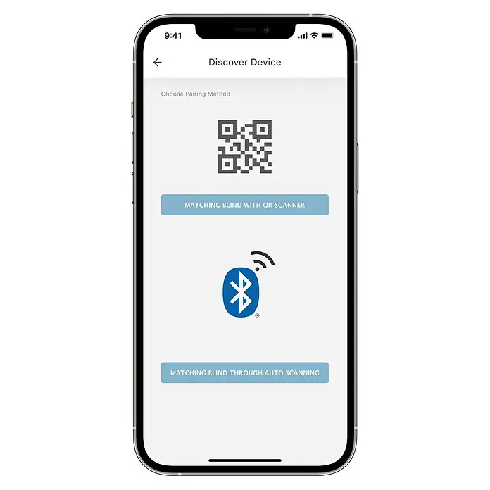 Rollo-Motor MotionBlinds CMD-03 Bluetooth - Passend für: Rollos mit 25 mm Rollowellendurchmesser - Ein Smartphone-Display zeigt die Optionen zum Entdecken und Koppeln von Geräten per QR-Code oder Bluetooth an.