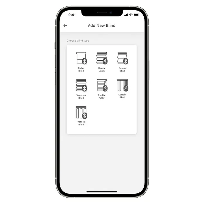 Rollo-Motor MotionBlinds CMD-03 Bluetooth - Passend für: Rollos mit 25 mm Rollowellendurchmesser - Ein Smartphone-App-Bildschirm zeigt Optionen zum Hinzufügen neuer intelligenter Jalousien, einschließlich Rollo, Wabenjalousie und römische Jalousie.