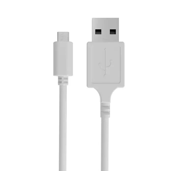 USB-Kabel MotionBlinds - Weiß, Länge: 3 m - Nahaufnahme eines weißen USB-Kabels mit USB-A- und Micro-USB-Anschlüssen auf schwarzem Hintergrund.