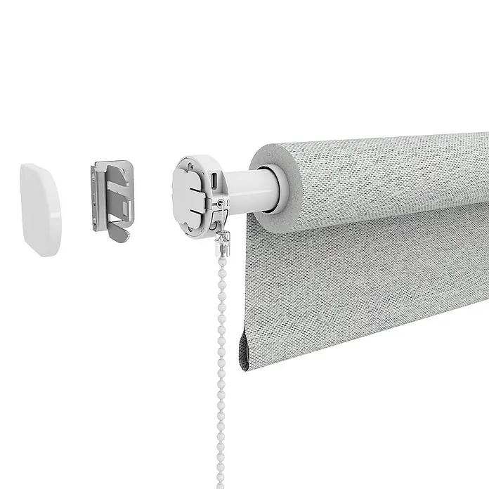 Rollo-Motor MotionBlinds CMD-02 Pull - Passend für: Rollos mit 25 mm Rollowellendurchmesser, Länge: 45 cm - Nahaufnahme einer Rollo-Baugruppe mit Halterung, Mechanismus und Stoff, ideal für Fensterdekoration und Sonnenschutz.