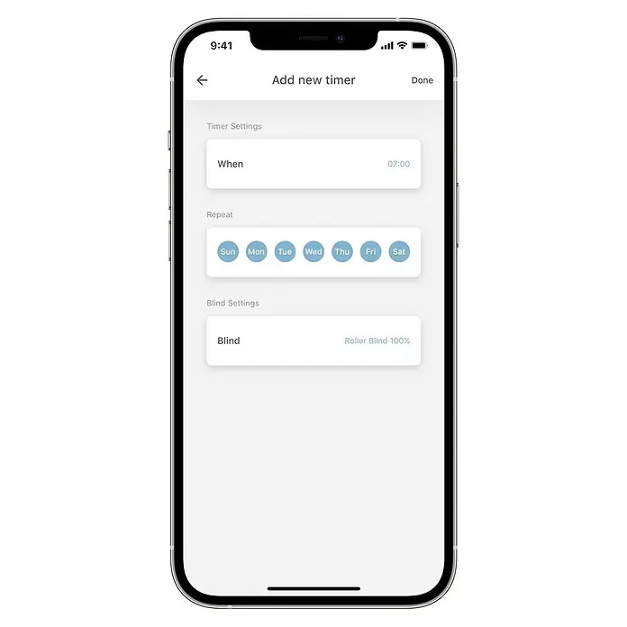 Rollo-Motor MotionBlinds CMD-03 Bluetooth - Passend für: Rollos mit 25 mm Rollowellendurchmesser - Bildschirmansicht eines Smartphones, die die Einstellungen für einen neuen Timer mit Optionen für Zeit, Wiederholung und Jalousie zeigt.