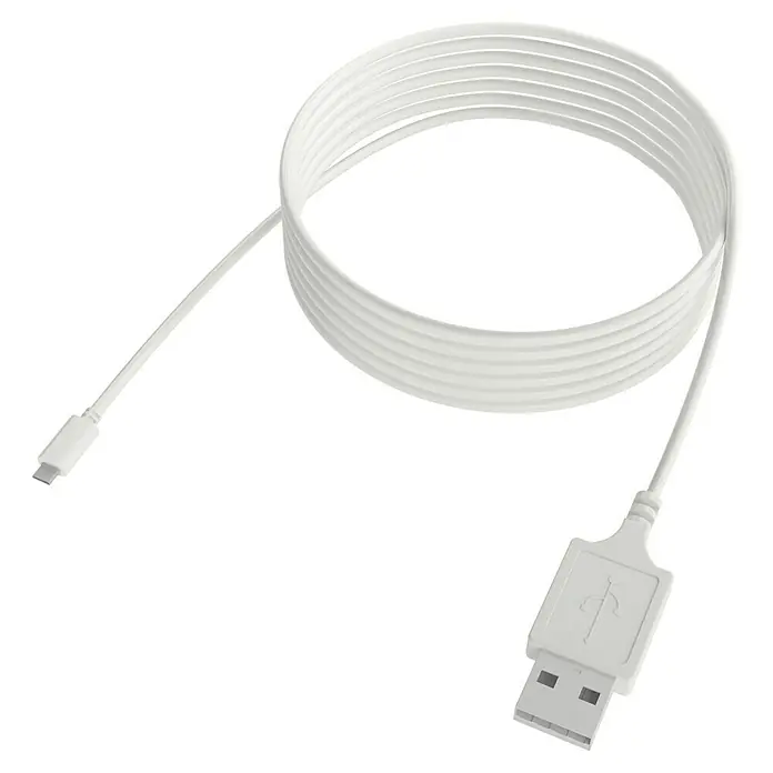 USB-Kabel MotionBlinds - Weiß, Länge: 3 m - Weißes USB-Kabel mit USB-A- und USB-C-Anschlüssen, auf einem schwarzen Hintergrund liegend. Ideal zum Laden und zur Datenübertragung.