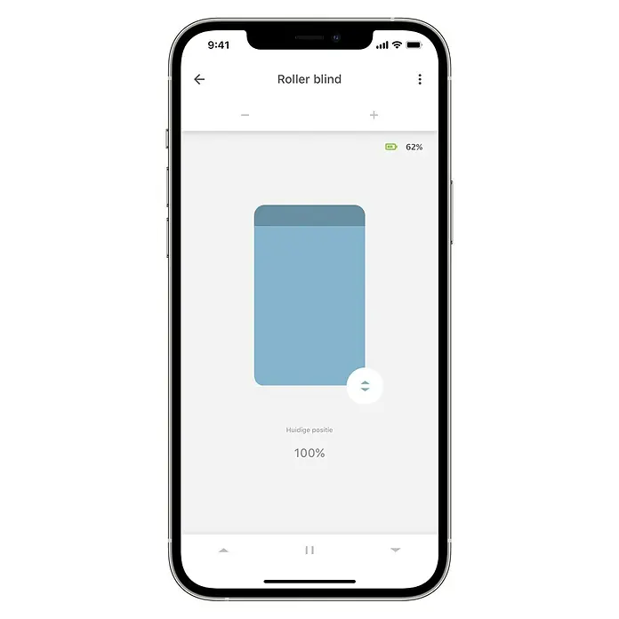 Rollo-Motor MotionBlinds CMD-03 Bluetooth - Passend für: Rollos mit 25 mm Rollowellendurchmesser - Smartphone-Ansicht einer App zur Steuerung einer Rolllade, die derzeit auf 100 % eingestellt ist und eine Akkuleistung von 62 % anzeigt.