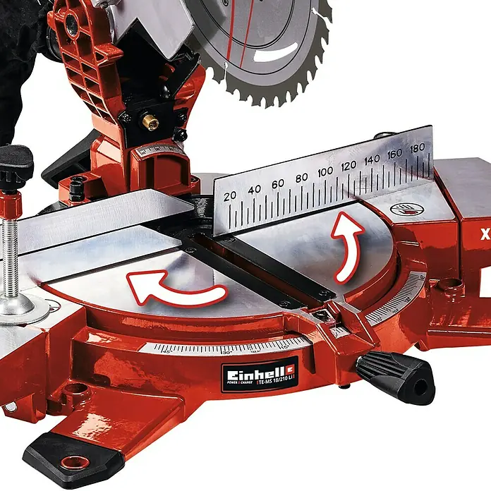 Einhell PXC 18V Ingletadora de batería TE-MS 18/210 Li - 18 V, Sin batería, Diámetro hoja de sierra: 210 mm, Número de revoluciones de marcha en vacío: 3.000 r.p.m. - La sierra ingletadora Einhell TE-MS 18/210 Li con ajuste de ángulo preciso para trabajos de madera versátiles.