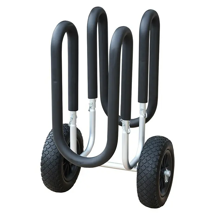 SUP-Transportwagen - Geeignet für: SUP Boards, Schwarz/Silber - Surfbrettwagen mit Rädern. Der Wagen ist aus Metall und hat gepolsterte Halterungen zum Schutz der Surfbretter. Ideal für den Transport zum Strand.