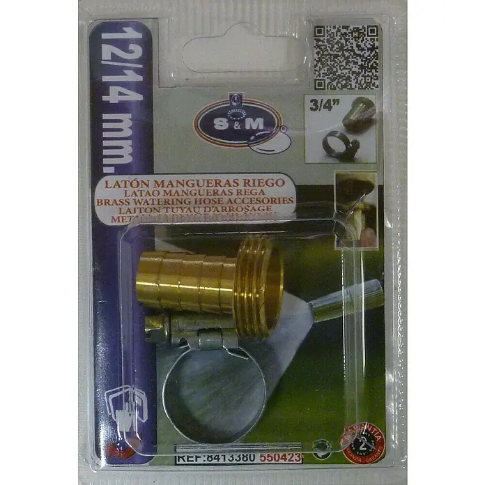 Adaptador para manguera Macho - ¾″-mangueras Ø 12/14 mm - Primer plano de un accesorio de manguera de riego de latón S&M, empaquetado con una abrazadera, adecuado para mangueras de 12/14 mm.