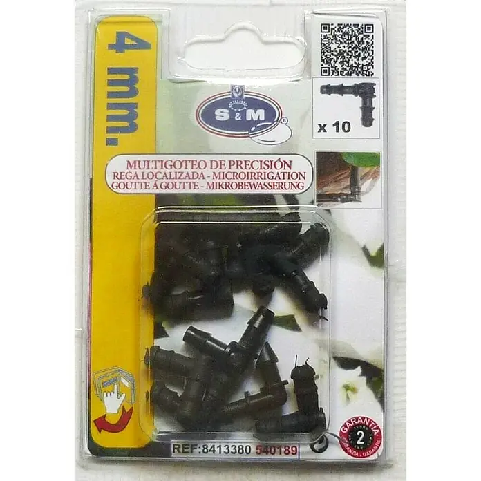 Codo microgoteo - Diámetro: 4 mm, Plástico, 10 ud. - Imagen de un paquete de 10 conectores de codo de microirrigación de 4 mm para un riego preciso y localizado.
