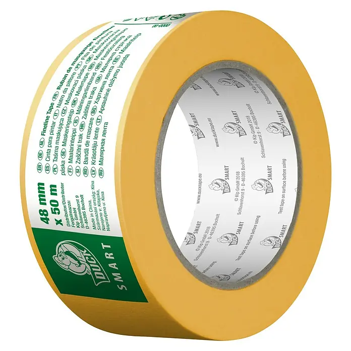 Duck Smart Feinkreppband Fineline Tape - 50 m x 48 mm - Abbildung einer gelben Duck Smart Feinstreifen-Klebebandrolle mit den Maßen 48 mm x 50 m für präzise Malerarbeiten.