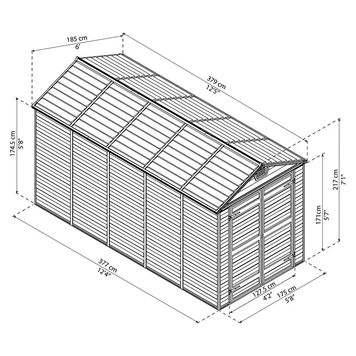 Palram – Canopia Gerätehaus Skylight 6x12 - Außenmaß inkl. Dachüberstand (B x T): 185 x 379 cm, Kunststoff, Anthrazit/Grau - Abbildung eines Gartenhauses mit Maßangaben zu Länge, Breite und Höhe.