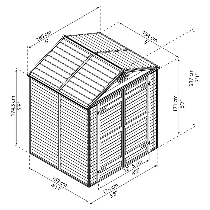 Palram – Canopia Gartenhaus Skylight 6x5 - Außenmaß inkl. Dachüberstand (B x T): 185,5 x 154 cm, Kunststoff, Anthrazit/Grau - Detaillierte Darstellung eines Gartenhauses mit Maßangaben zu Höhe, Breite und Tiefe für eine präzise Planung.
